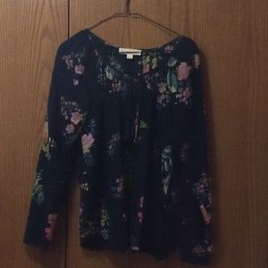 Navy blue floral shirt.